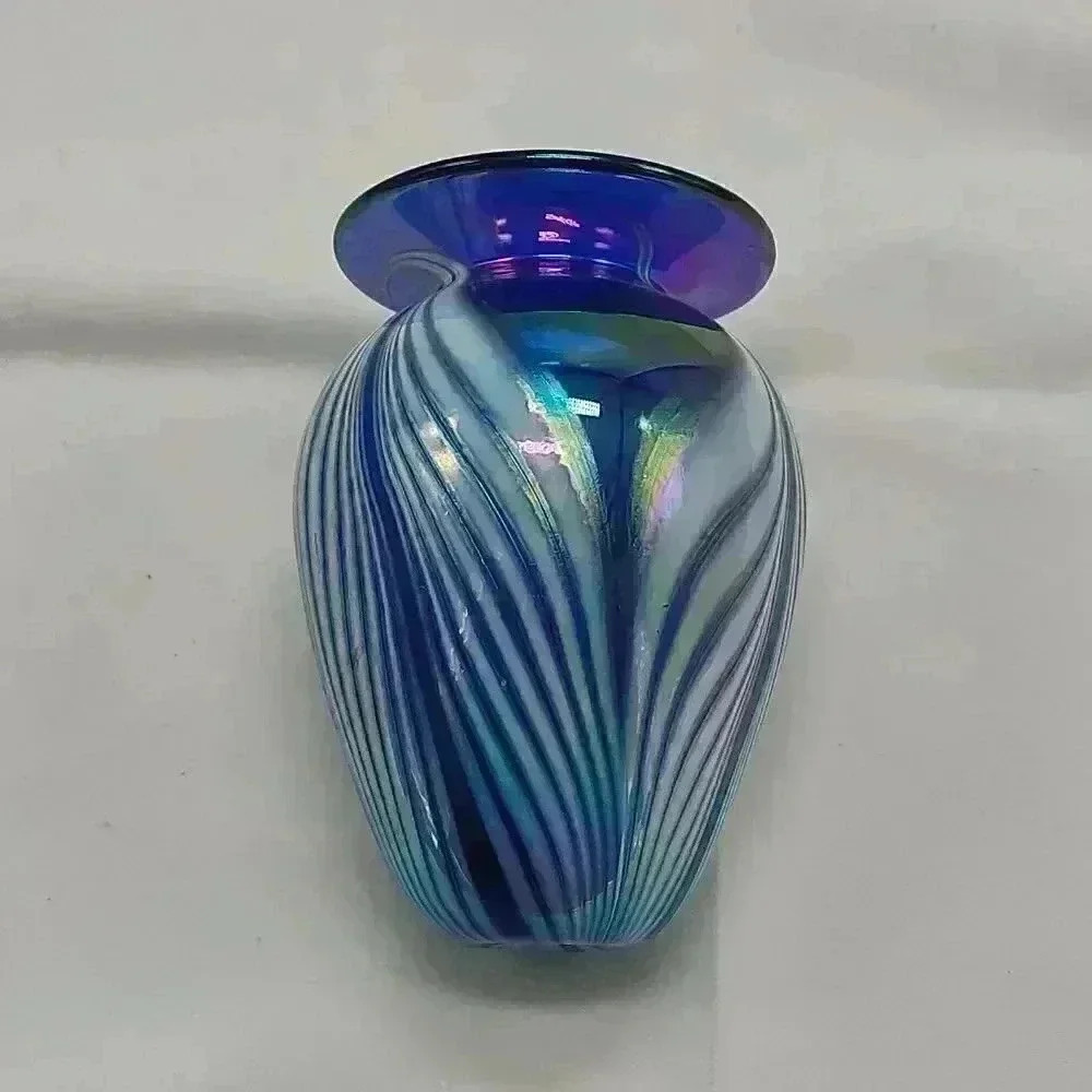 Stunning Blue Iridescent leaf pattern accent vase 4"